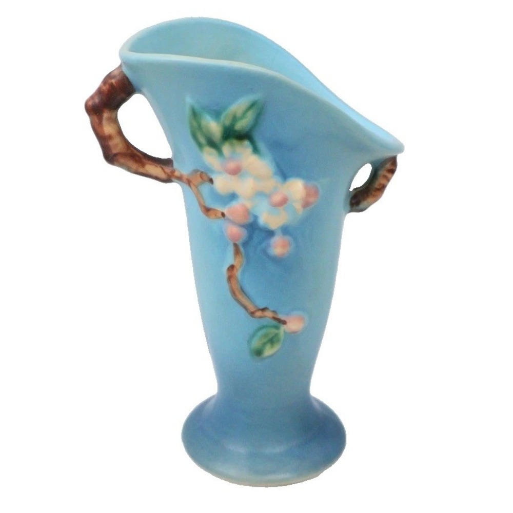 Roseville Vintage Pottery Apple Blossom Vase Shape 382-7 Aqua Blue